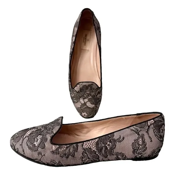 Valentino Garavani Caviar Crystal Lace Leather Flats Ballet Slip-Ons Slipper