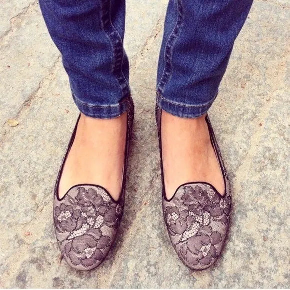 Valentino Garavani Caviar Crystal Lace Leather Flats Ballet Slip-Ons Slipper