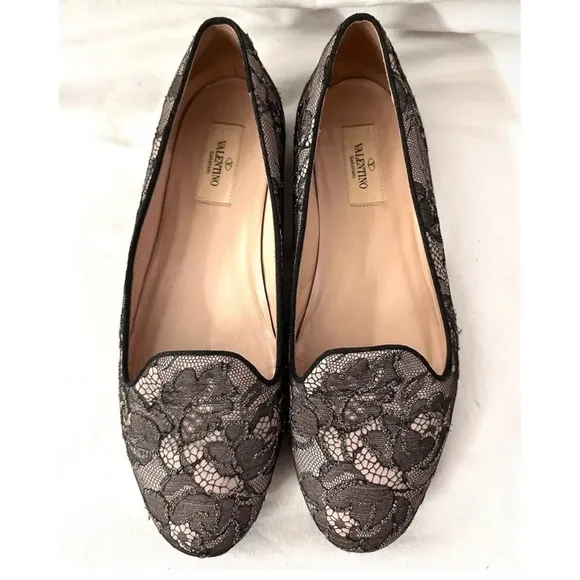 Valentino Garavani Caviar Crystal Lace Leather Flats Ballet Slip-Ons Slipper