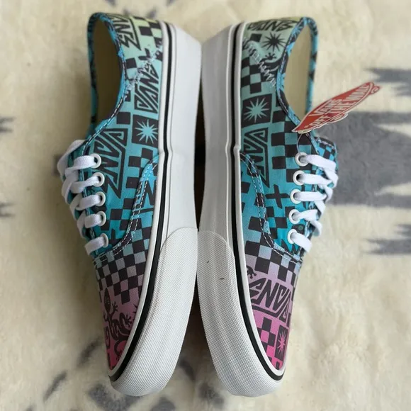 Vans Blue and Pink Sneakers with Gradient and Checkered Design