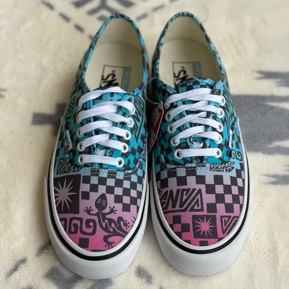 Vans Blue and Pink Sneakers with Gradient and Checkered Design