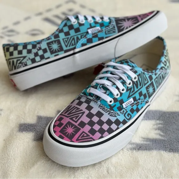 Vans Blue and Pink Sneakers with Gradient and Checkered Design