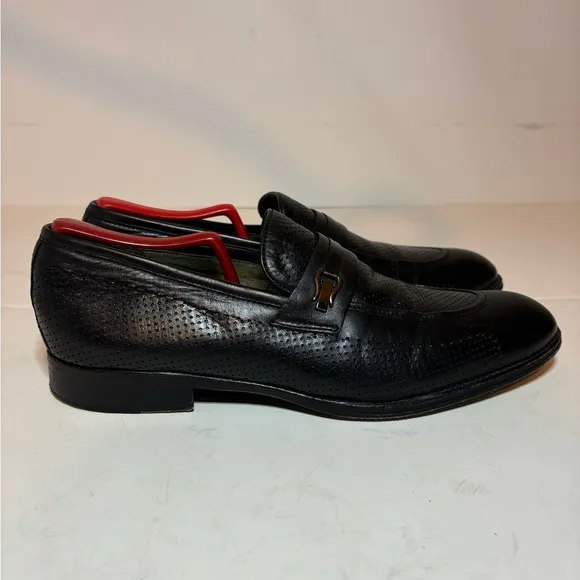 Vero Cuoio Lav. Artigiana Mens Almond Toe Black Leather Slip On Loafers Size 42