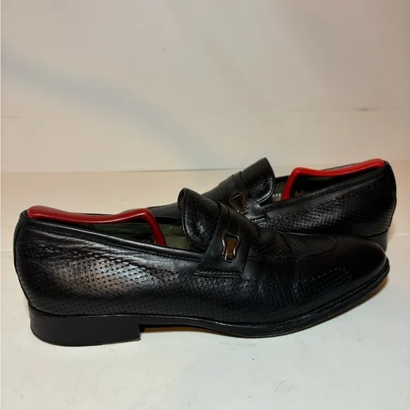Vero Cuoio Lav. Artigiana Mens Almond Toe Black Leather Slip On Loafers Size 42