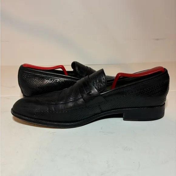 Vero Cuoio Lav. Artigiana Mens Almond Toe Black Leather Slip On Loafers Size 42