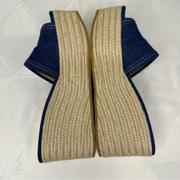Veronica Beard Gable Denim Platform Espadrille Slide Sandals Wedge Blue Size 9 M