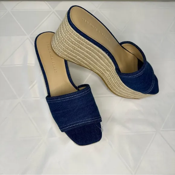Veronica Beard Gable Denim Platform Espadrille Slide Sandals Wedge Blue Size 9 M