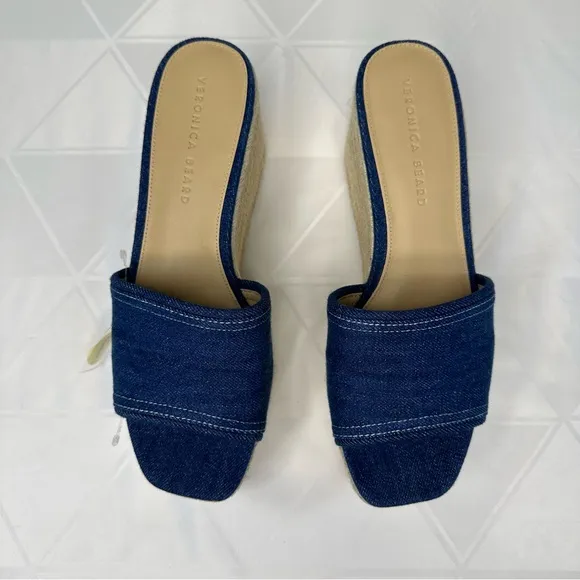 Veronica Beard Gable Denim Platform Espadrille Slide Sandals Wedge Blue Size 9 M