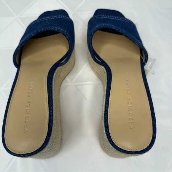 Veronica Beard Gable Denim Platform Espadrille Slide Sandals Wedge Blue Size 9 M
