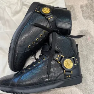 Versace Black and Gold High-Top Sneakers with Gold Hardware