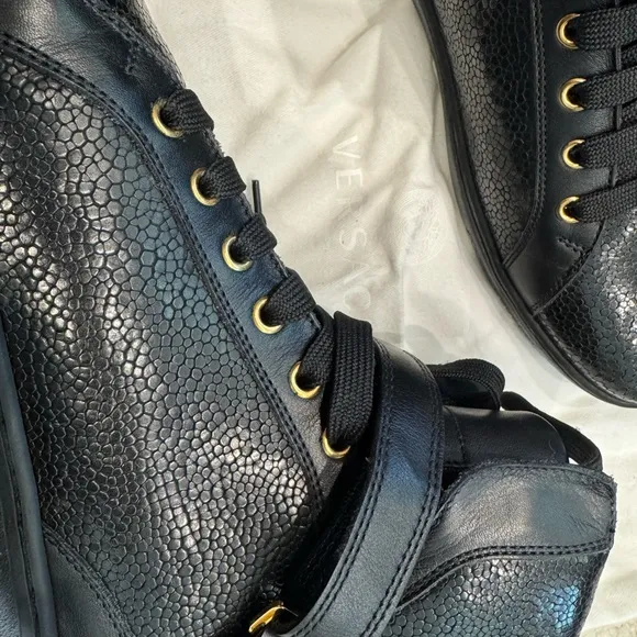 Versace Black and Gold High-Top Sneakers with Gold Hardware