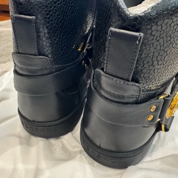 Versace Black and Gold High-Top Sneakers with Gold Hardware