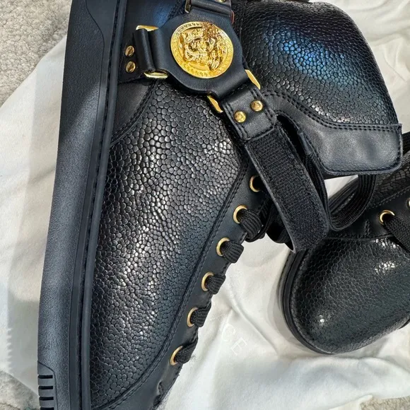 Versace Black and Gold High-Top Sneakers with Gold Hardware