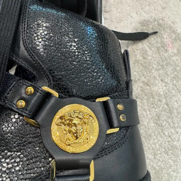 Versace Black and Gold High-Top Sneakers with Gold Hardware