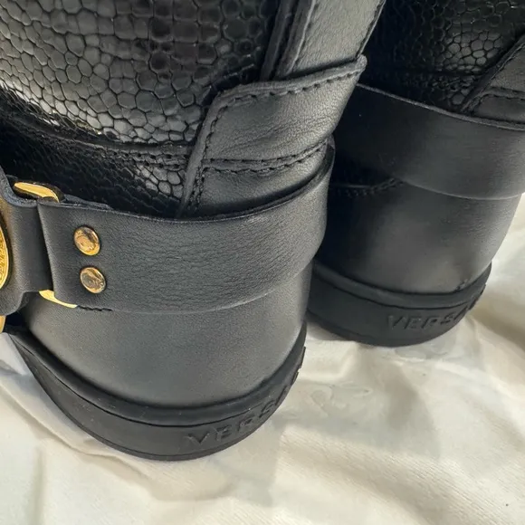 Versace Black and Gold High-Top Sneakers with Gold Hardware