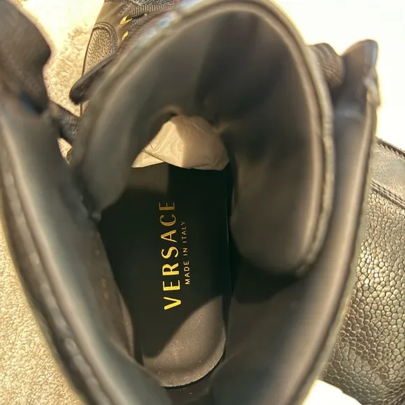Versace Black and Gold High-Top Sneakers with Gold Hardware