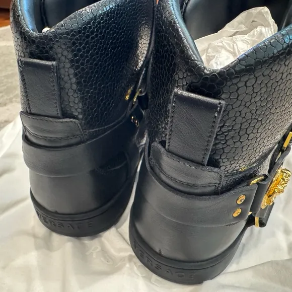 Versace Black and Gold High-Top Sneakers with Gold Hardware