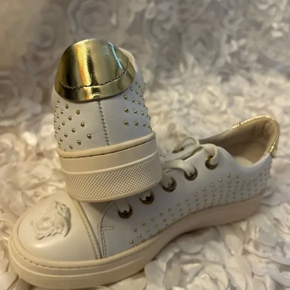 Versace White and Gold Studded Sneakers