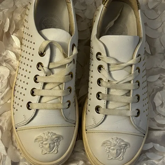 Versace White and Gold Studded Sneakers