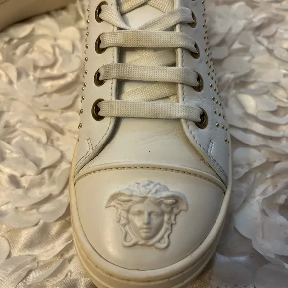 Versace White and Gold Studded Sneakers