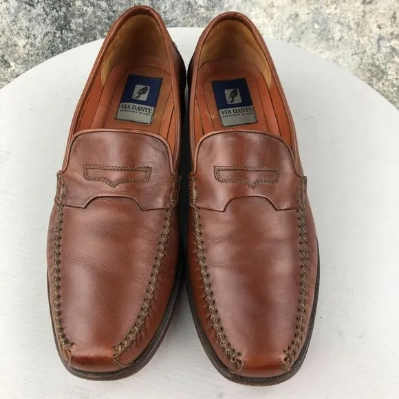 Via Dante Men's Size 9.5D Brown Leather Closed Toe Slip On Penny Loafers ITALY