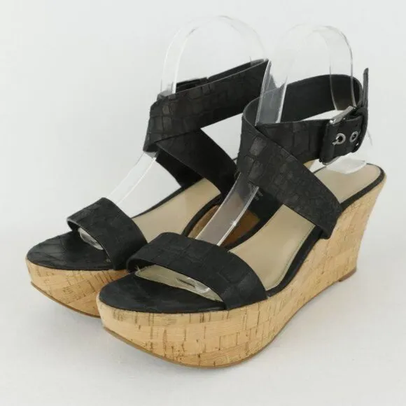 Via Spiga Ecstasy Women's Size 9 Black Crocodile Leather Cork Platform Sandals