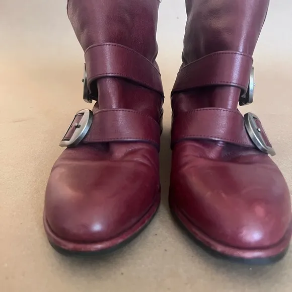 Via Spiga Maroon GenuineLeather Double Buckled Pleated Ankle Boot Women’s US 6M
