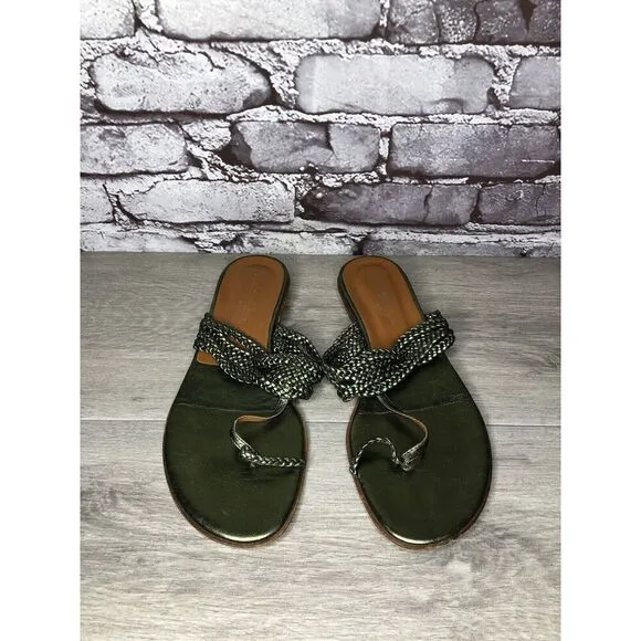 Via Spiga Metallic Green Leather Braided Flats Sandals Women’s Sz 8.5M US/39EU