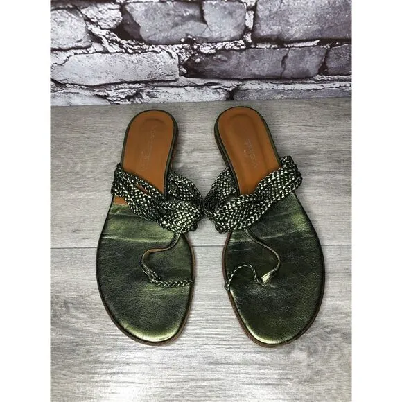 Via Spiga Metallic Green Leather Braided Flats Sandals Women’s Sz 8.5M US/39EU