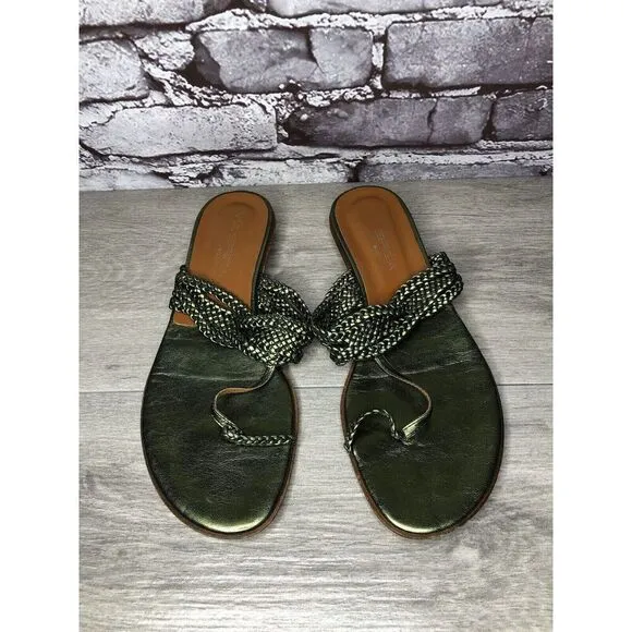 Via Spiga Metallic Green Leather Braided Flats Sandals Women’s Sz 8.5M US/39EU
