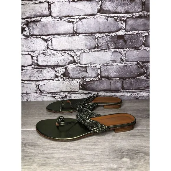 Via Spiga Metallic Green Leather Braided Flats Sandals Women’s Sz 8.5M US/39EU