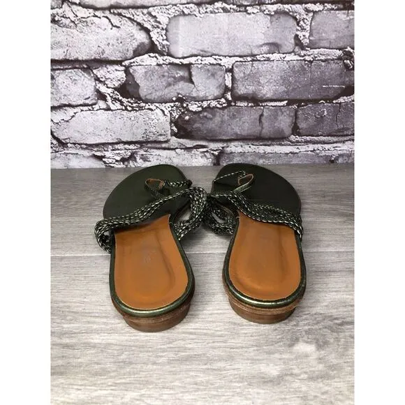 Via Spiga Metallic Green Leather Braided Flats Sandals Women’s Sz 8.5M US/39EU