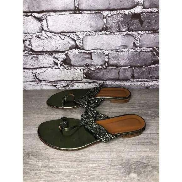 Via Spiga Metallic Green Leather Braided Flats Sandals Women’s Sz 8.5M US/39EU