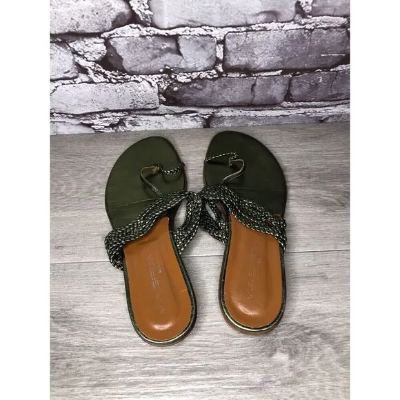 Via Spiga Metallic Green Leather Braided Flats Sandals Women’s Sz 8.5M US/39EU