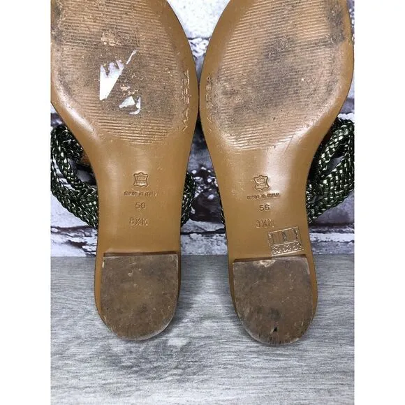 Via Spiga Metallic Green Leather Braided Flats Sandals Women’s Sz 8.5M US/39EU