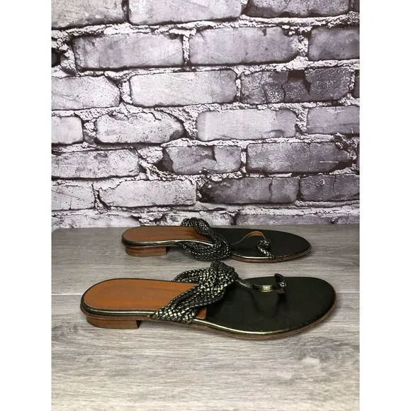 Via Spiga Metallic Green Leather Braided Flats Sandals Women’s Sz 8.5M US/39EU