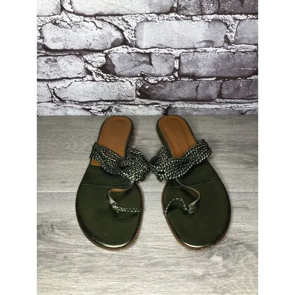 Via Spiga Metallic Green Leather Braided Flats Sandals Women’s Sz 8.5M US/39EU