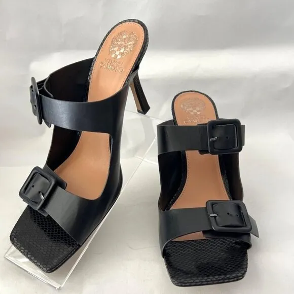 Vince Camuto Black Leather Heeled Sandals Babenet Buckle Heels Women Size 12M