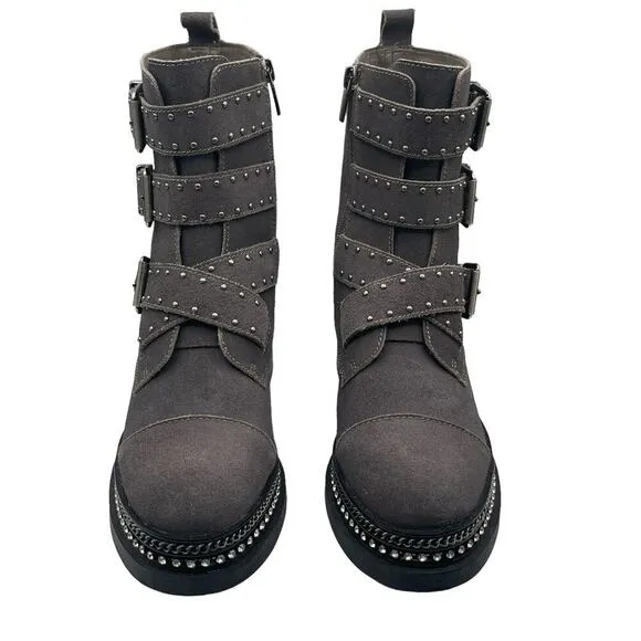 Vince Camuto Bobette Motto Bike Combat Studded Rhinestone Boots Size 6.5