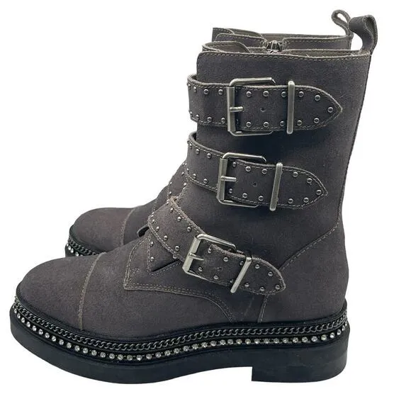 Vince Camuto Bobette Motto Bike Combat Studded Rhinestone Boots Size 6.5