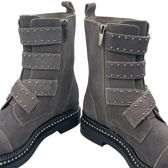 Vince Camuto Bobette Motto Bike Combat Studded Rhinestone Boots Size 6.5