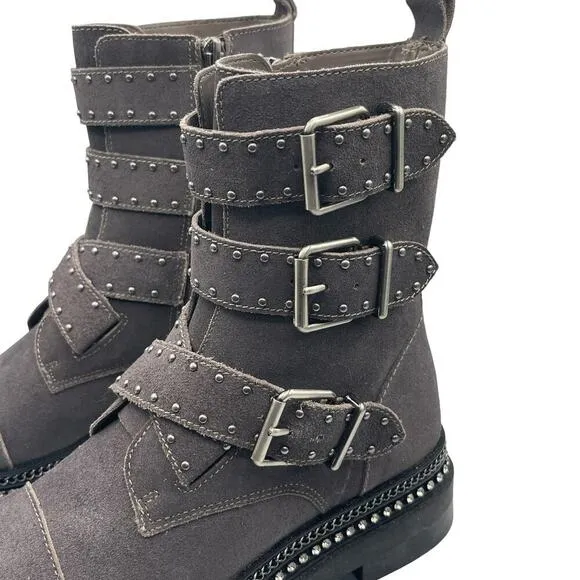 Vince Camuto Bobette Motto Bike Combat Studded Rhinestone Boots Size 6.5