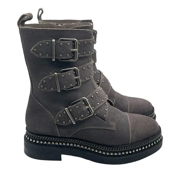 Vince Camuto Bobette Motto Bike Combat Studded Rhinestone Boots Size 6.5