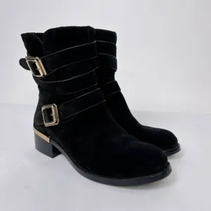 Vince Camuto Webey Black Suede Gold Buckles Straps Block Heel Pull On Boots 8 M