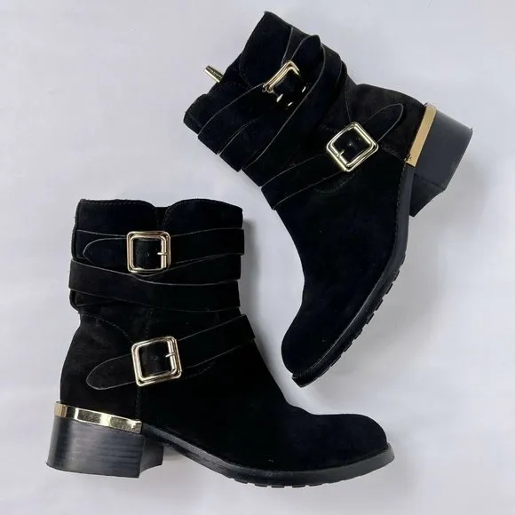 Vince Camuto Webey Black Suede Gold Buckles Straps Block Heel Pull On Boots 8 M