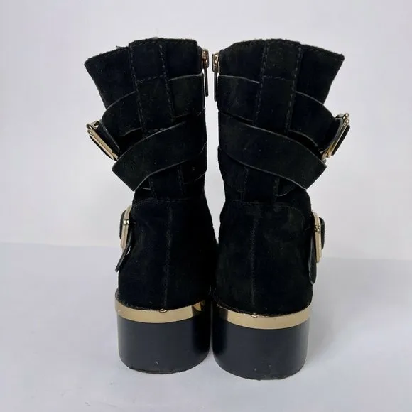 Vince Camuto Webey Black Suede Gold Buckles Straps Block Heel Pull On Boots 8 M