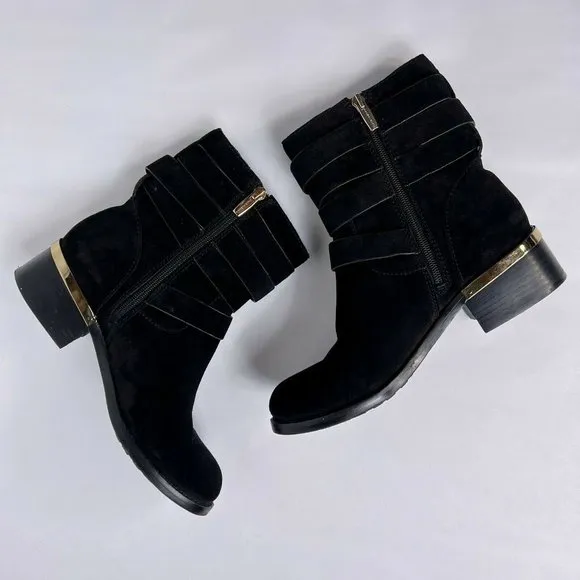 Vince Camuto Webey Black Suede Gold Buckles Straps Block Heel Pull On Boots 8 M