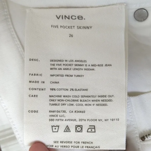 Vince Classic Five Pocket Mid Rise Ankle Length Skinny Jeans White 26