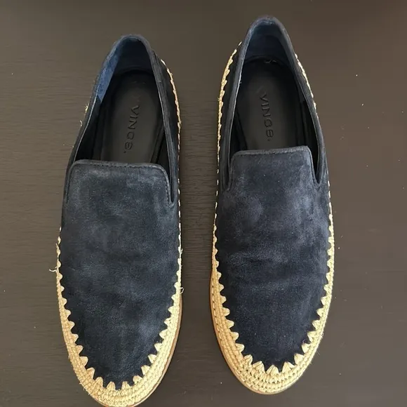 VINCE Jalen Suede Raffia Loafers Coastal Blue Slip On Round Toe Sz 6.5 NEW