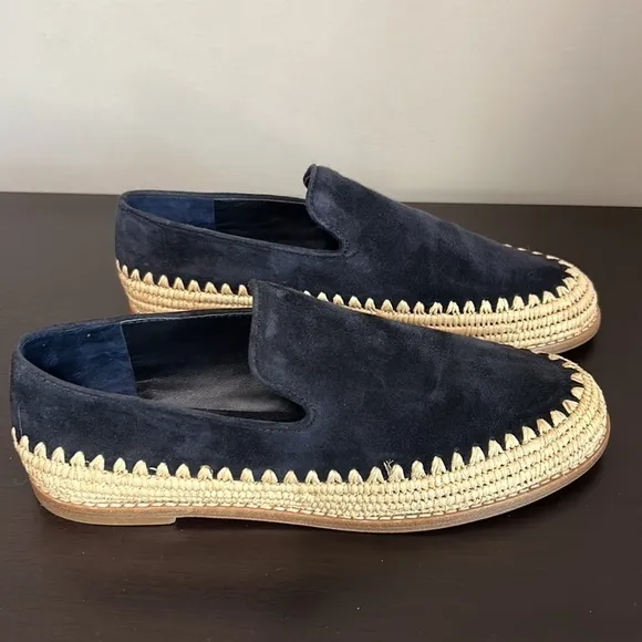VINCE Jalen Suede Raffia Loafers Coastal Blue Slip On Round Toe Sz 6.5 NEW